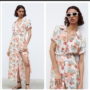 Zara White Floral Button-Front Maxi Dress with Pink & Green Accents